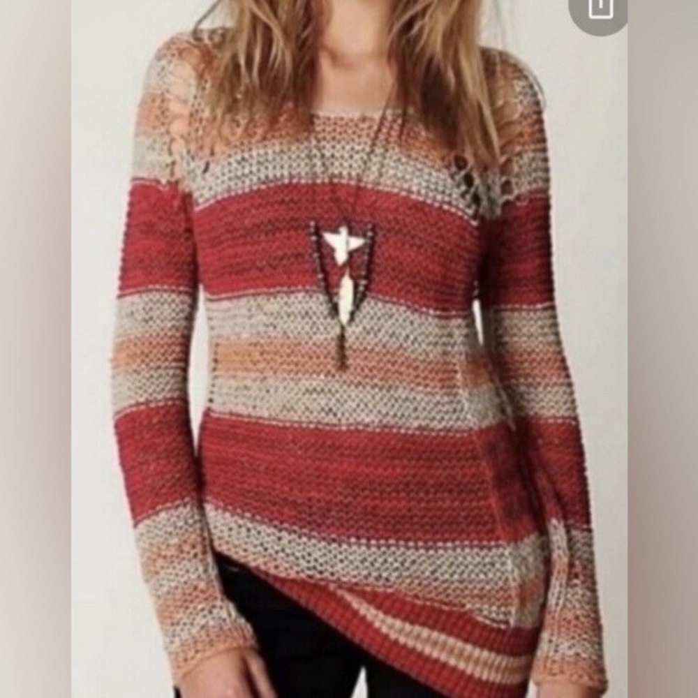 Free People Desert Moon Crochet Open Knit Striped Sweater Size XS